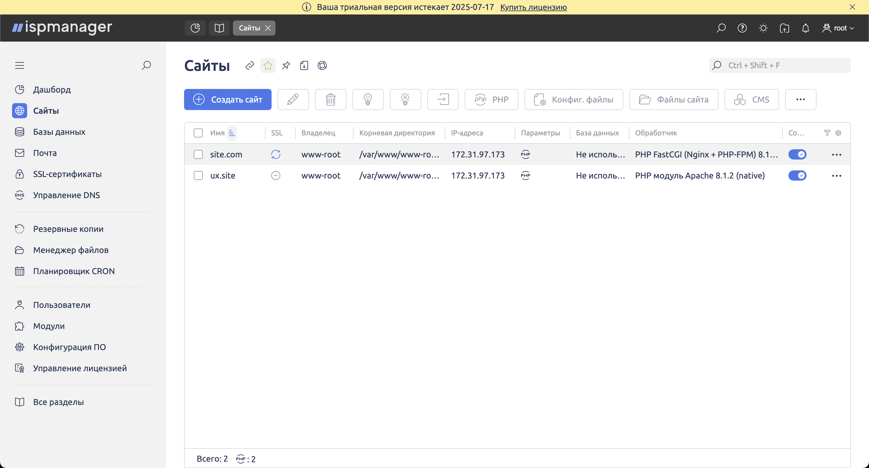 ispmanager websites panel